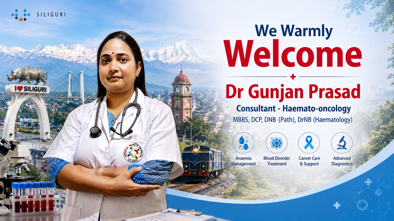Dr. Gunjan Prasad in a white coat with a stethoscope, with the Siliguri skyline and Himalayan peaks behind her