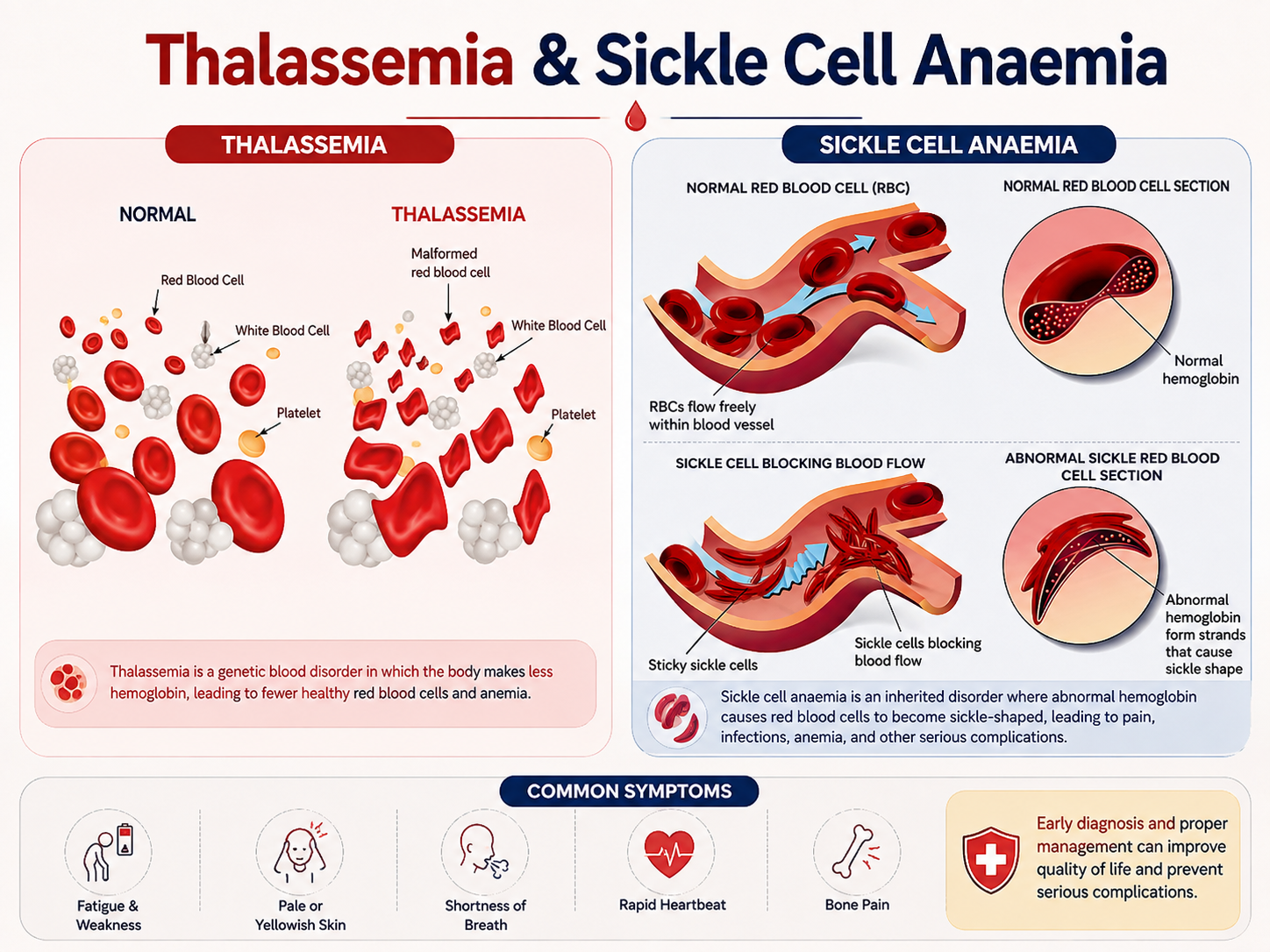 Infographic comparing normal red cells with thalassemia, and normal blood flow with sickle cells blocking a blood vessel, with common symptoms
